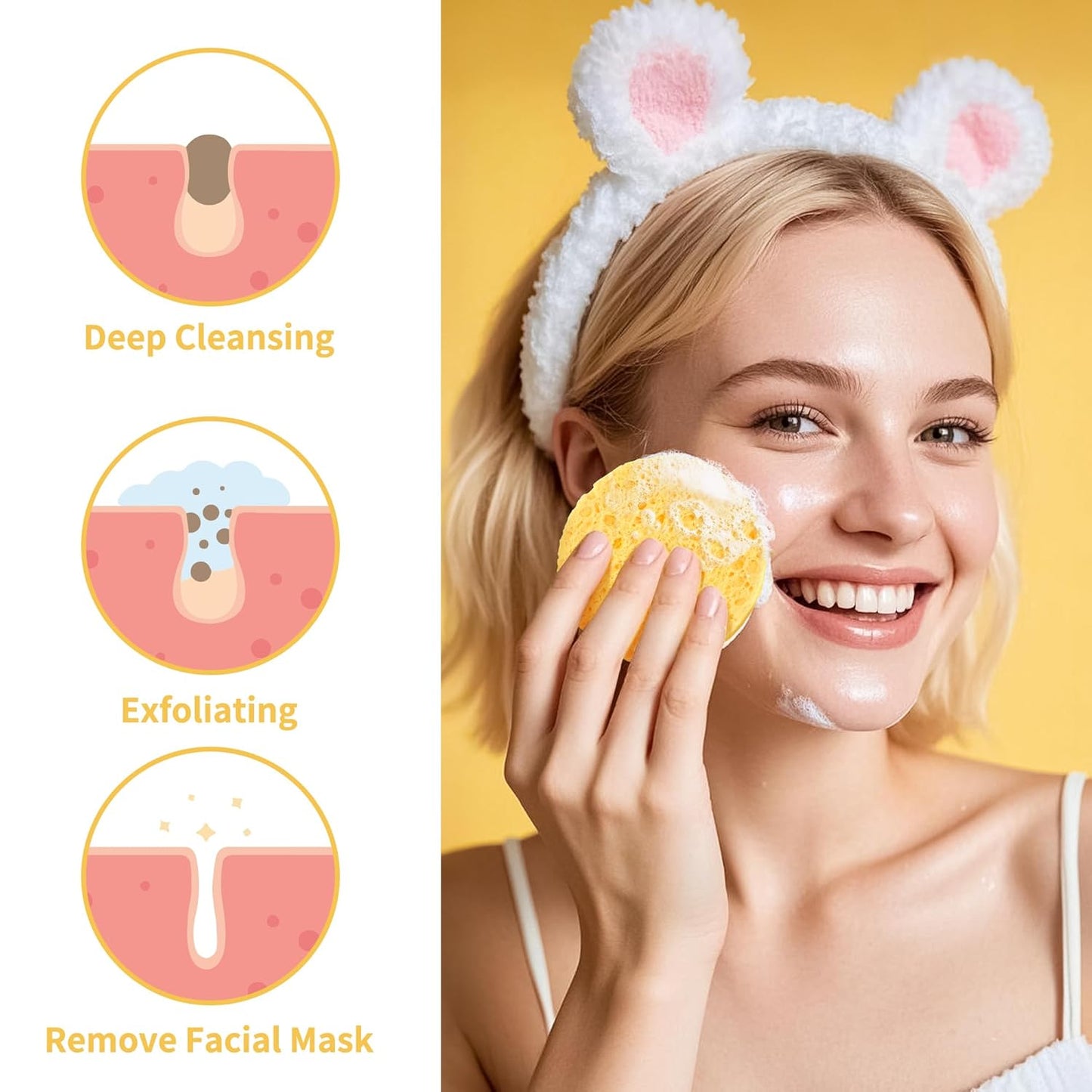 Compressed Facial Sponges - 100-Count Natural Cosmetic Spa Sponges for Cleansing & Makeup Removal | Yellow
