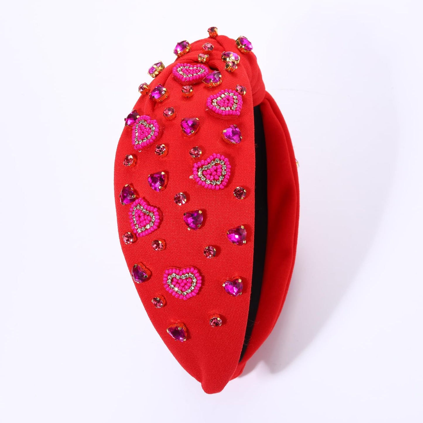 Valentine’s Day Heart Headbands for Women Valentine’s Day Accessories Jeweled Beaded Heart Knotted Headband Pink Red Rhinestone Wide Top Knot Headband Valentine Party Favors Gifts (Heart Headband 2)