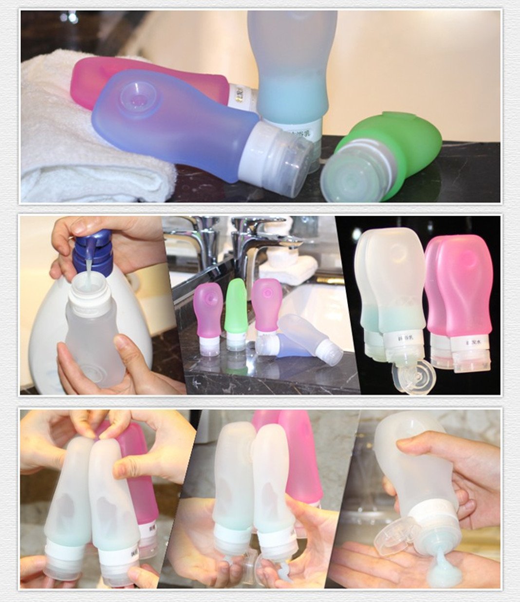 FNSHIP 4 Pack Sucker type Portable Food Grade Squeeze Silicone Liquid Travel Bottles TSA Approved For Shampoo, Conditioner, Lotion, Toiletries, Food condiment(1OZ,White+Blue+Green+Pink)