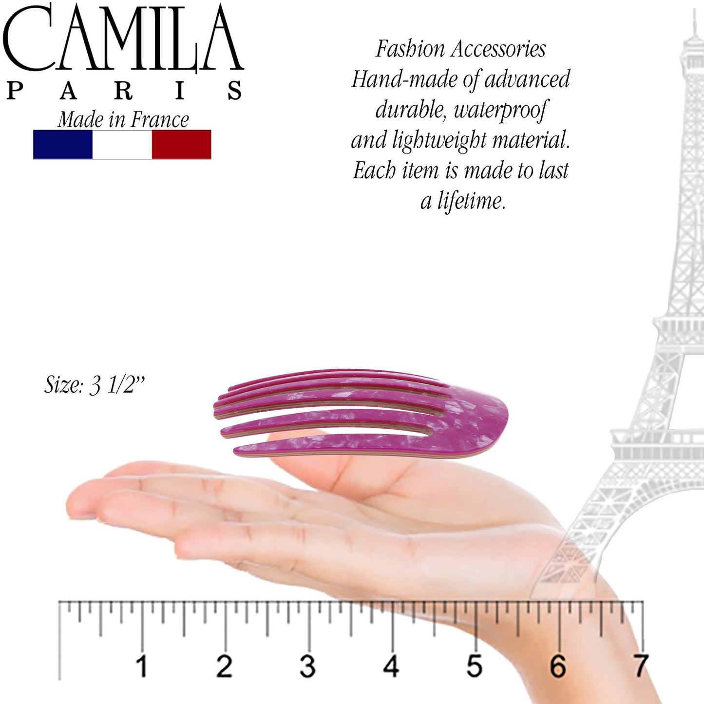 Camila Paris CP3412 French Hair Side Comb Small Rounded, Purple, Handmade French Twist Hair Combs, Strong Hold Hair Clips for Women Bun Chignon, No Slip Styling Girls Hair Accessories Made in France