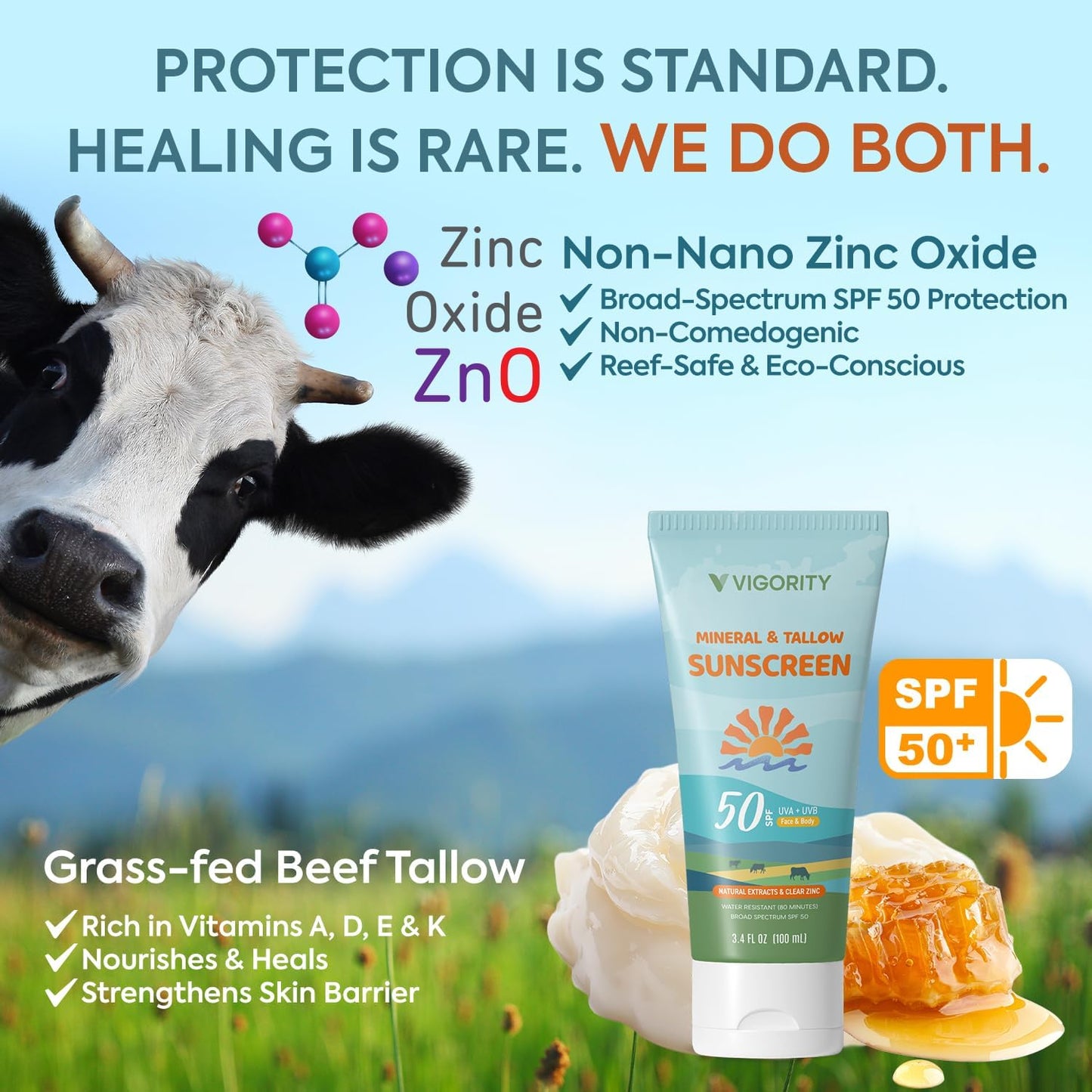 Vigority Tallow Sunscreen SPF 50 - Natural Grass-Fed Beef Tallow & Non-Nano Zinc Oxide | Moisturizing, Non-Greasy, Reef Safe for Adults & Kids (3.4 oz)