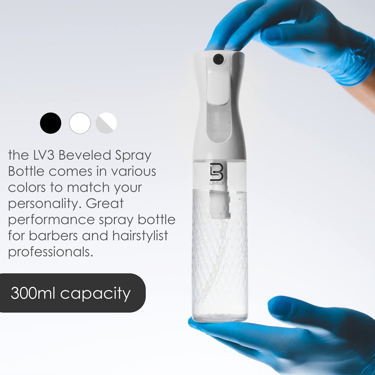 L3 Beveled Spray Bottle - Continuous Spray with a Fine Mist Pattern - Barber and Hair Stylist Supplies - Less Hand Fatigue Compared to Standard Bottles - Level Three Barber Spray - 300 ml (Clear)