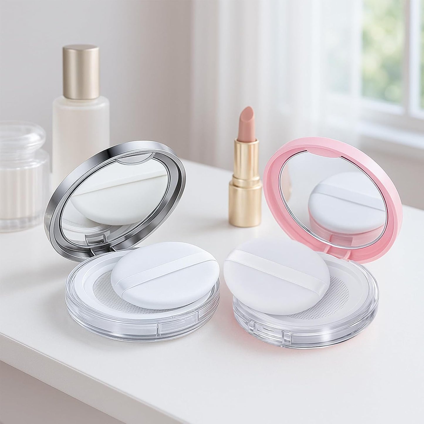 Tokusatsu Refillable Loose Powder Container - 2-Pack Travel Makeup Compact with Puff & Mirror | 0.17 oz (Pink, Silver)