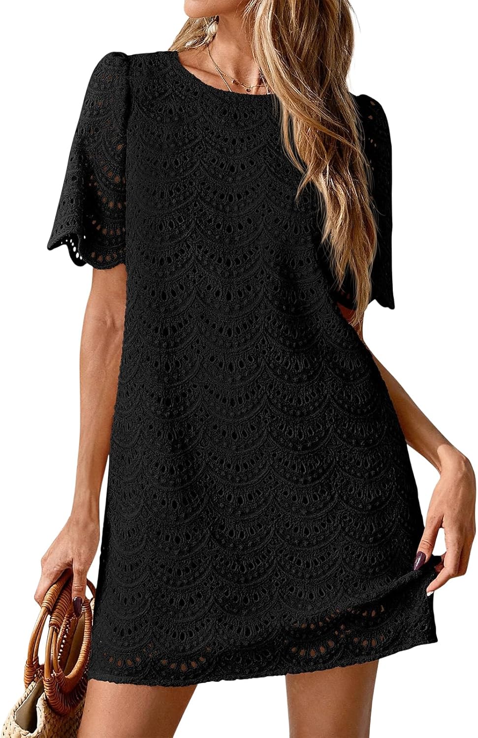 Skiennix Eyelet Dress for Women - Hollow Out Lace Boho Mini Dress | Casual Summer Short Sleeve
