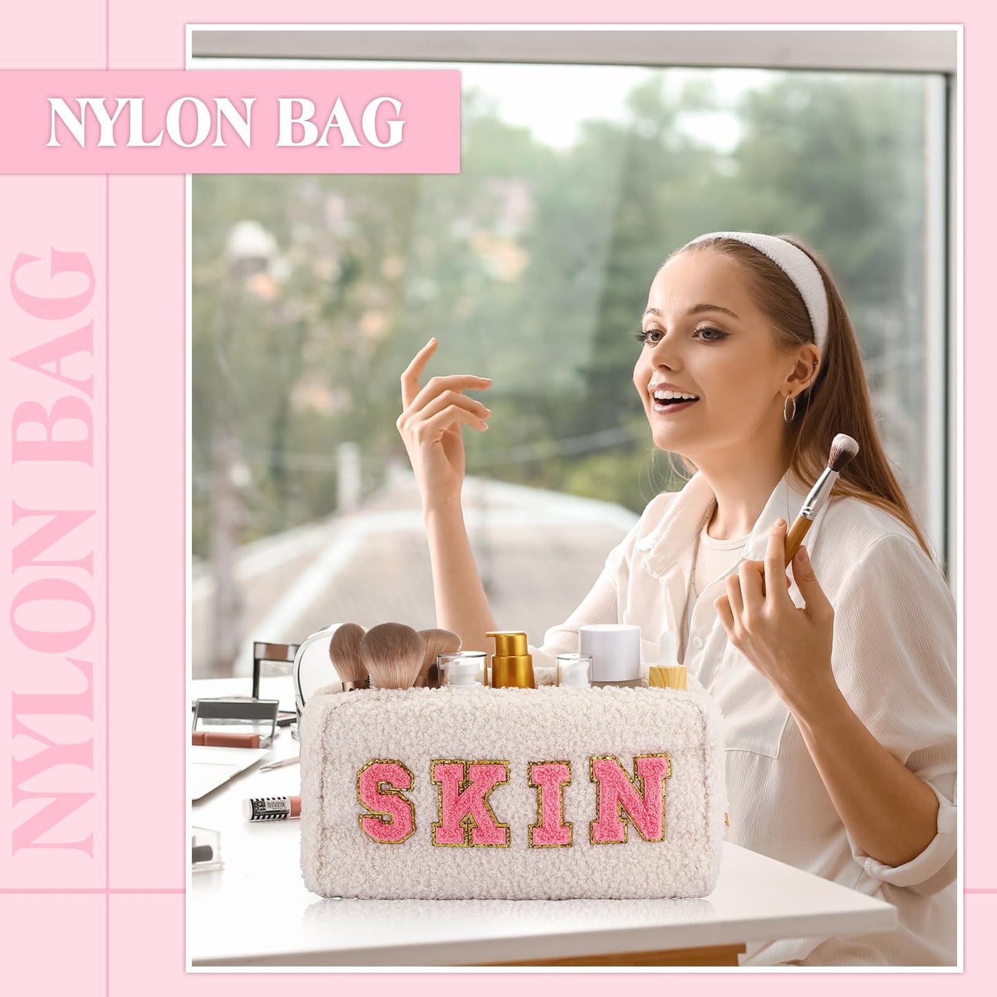 Kajaia 4 Pcs Preppy Makeup Bags Chenille Letter Stuff Bag Cute Cosmetic Pouch Cases for Women Trave Toiletry spend the night(Beige, Powder, Milk White, Pink,Grace)