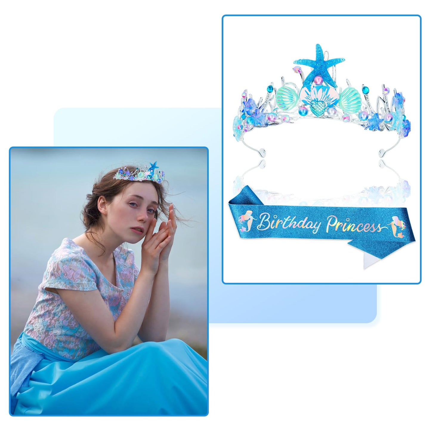 GAFATORY Blue Mermaid Crown and Sash for Women Birthday Crown and Sash for Birthday Princess Mermaid Adult Crown Ocean Theme Mermaid Birthday Decoration Seashell Fishtail Crown Halloween