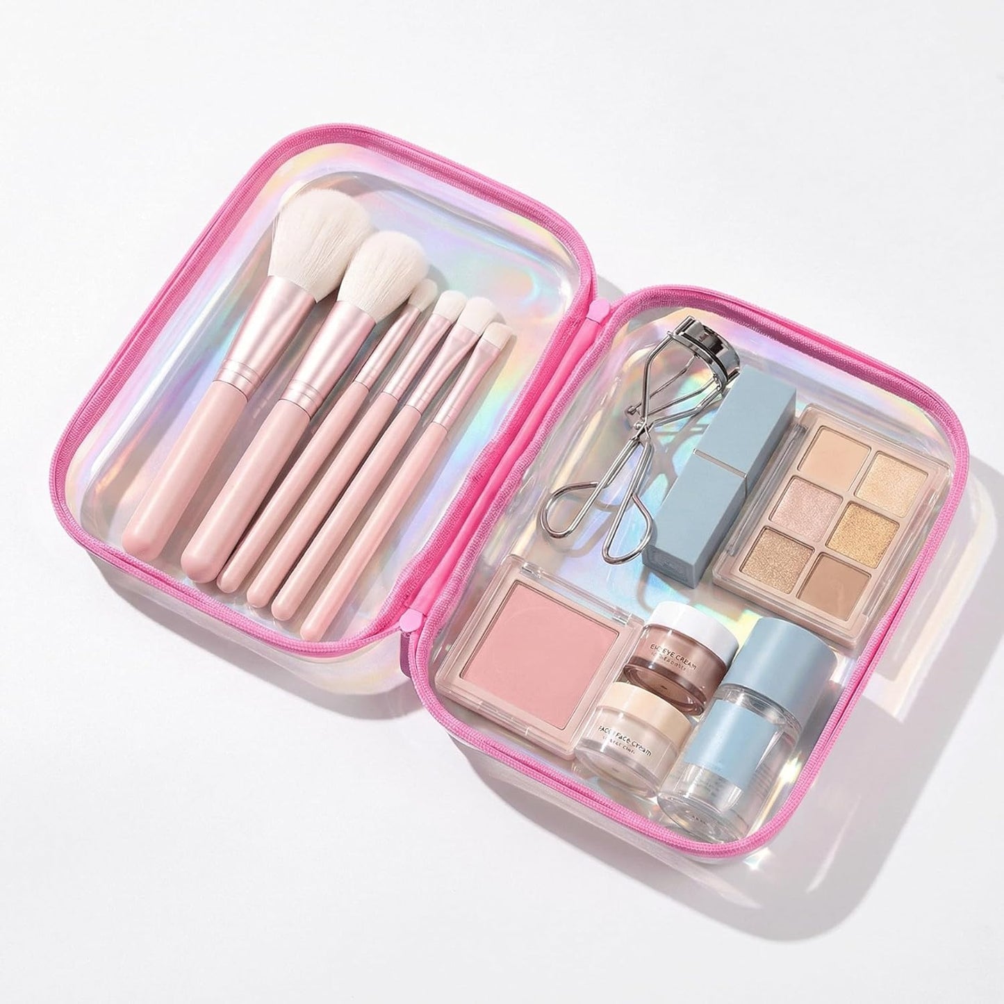 Skiennix Clear Hard Shell Zipper Case - Iridescent Makeup & Toiletry Bag Set | 2pcs Large Capacity, Water-Resistant