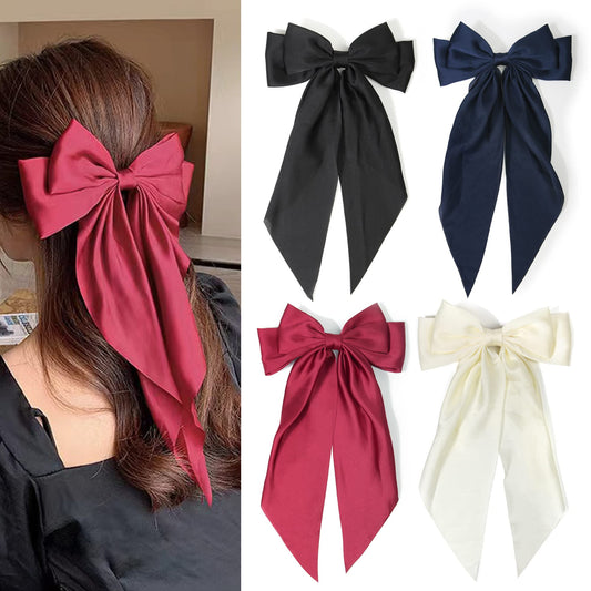 VRbeatter Girls' Classic Hair Bow Big Bow Hair Clips Solid Color Bowknot Hairpin Barrette with Long Silky Satin, Handmade（Black,White,Red,Navy blue）