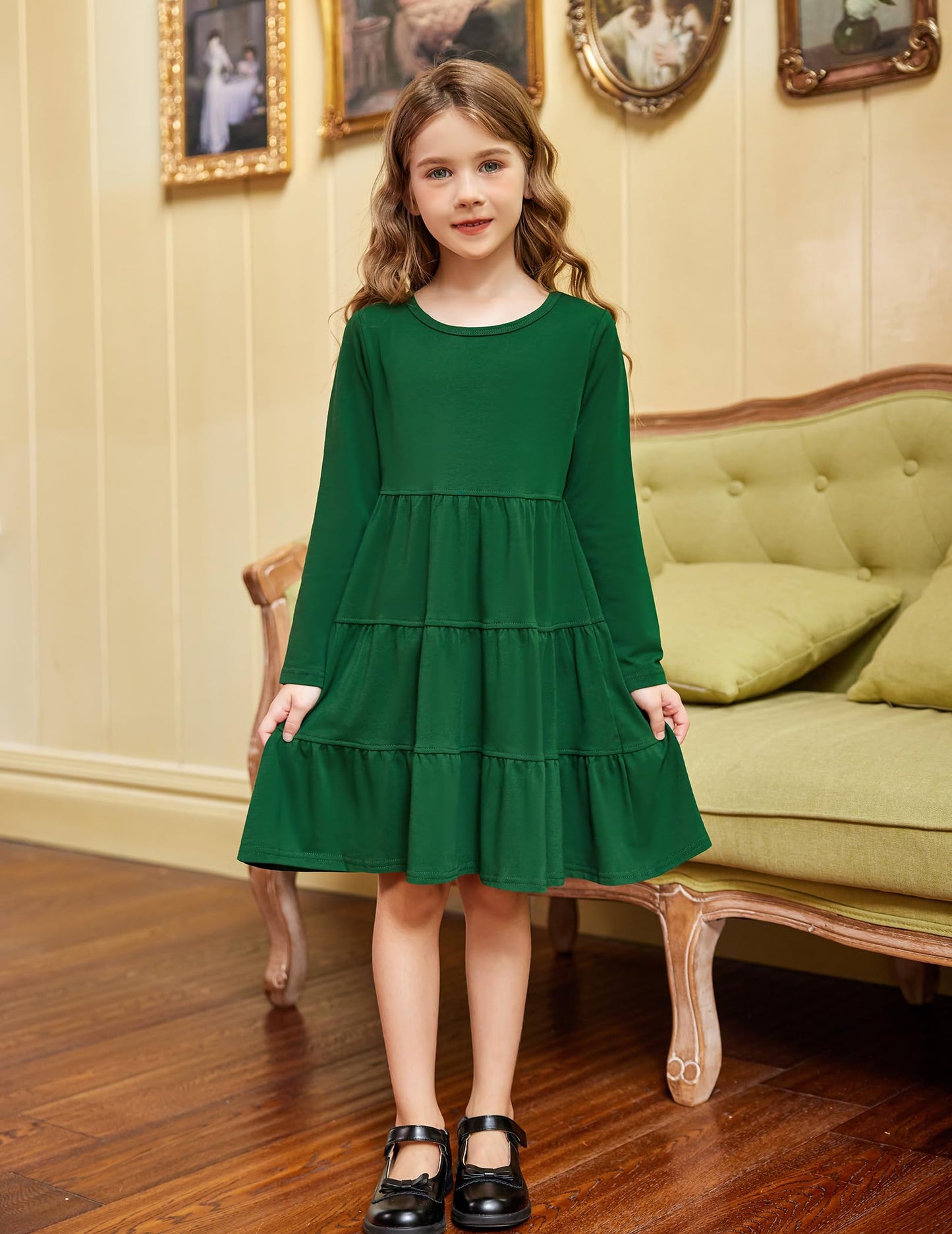 Arshiner Girls' Super Soft Cotton Long Sleeve Tiered Dress, Green, 120(Age for 5-6Y)