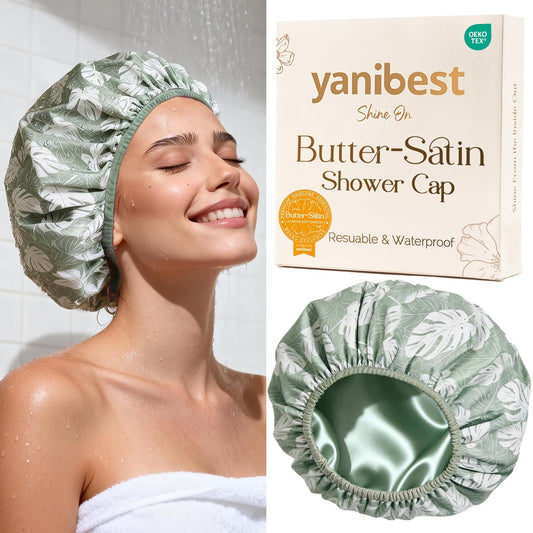 Yanibest Shower Cap - Waterproof Satin Bonnet for Long Hair | Large Double Layer Design with Soft Elastic Band