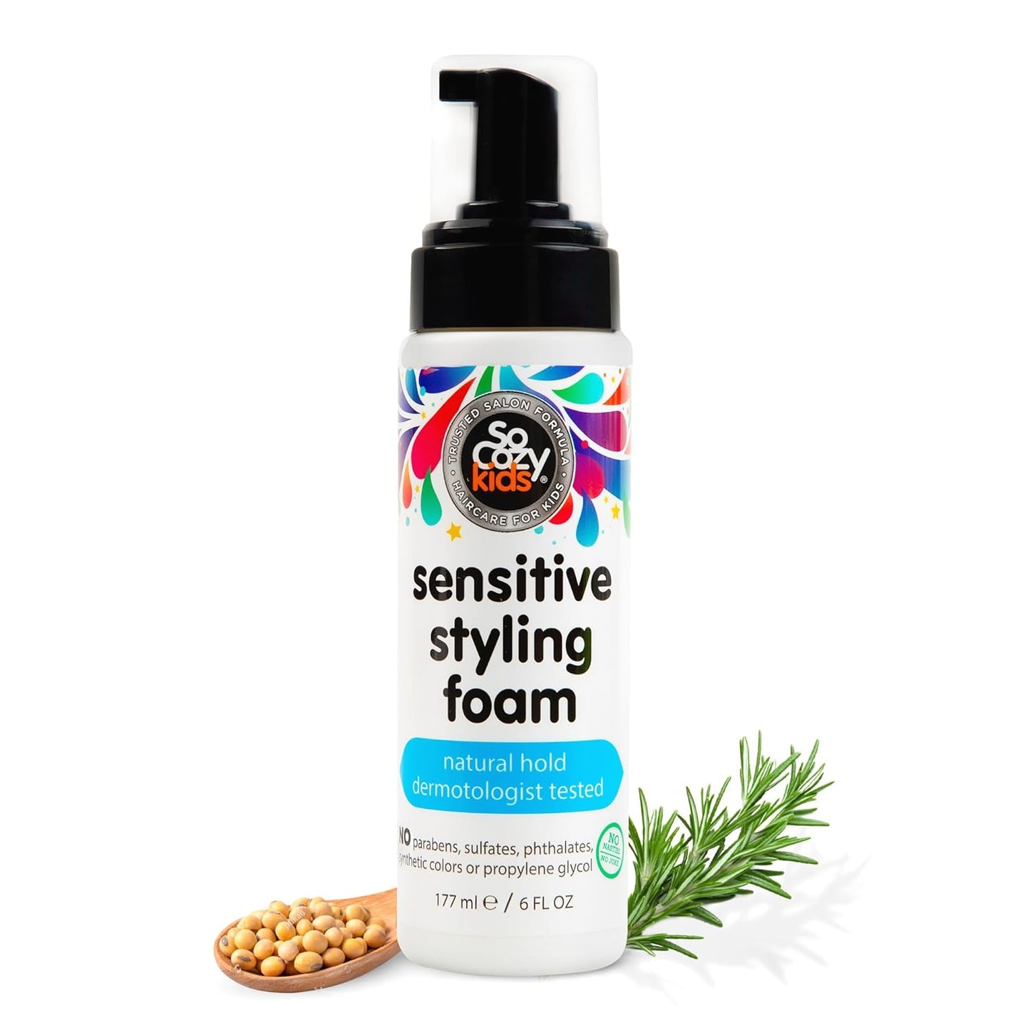 SoCozy Kids Sensitive Styling Foam - Gentle Hold Foam for Straight or Curly Hair - Rosemary Scent (6 fl oz)