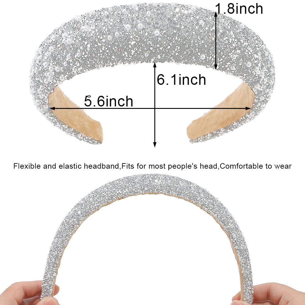 AHONEY 2 Pack Rhinestone Headband for Women Girls, Glitter Sequin Beaded Pearls Padded Headbands for Women Prom Wedding Sparkly Hair Bling Birthday Hair Accessories (Silver&White)