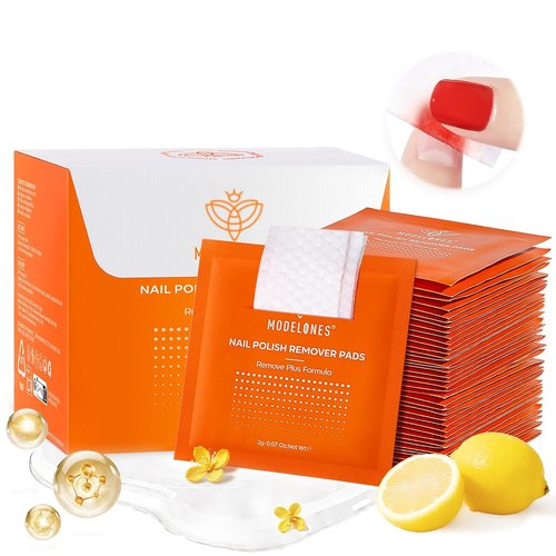 Modelones Nail Polish Remover Pads - Acetone Wipes with Moisturizing Glycerin | 50 Individually Wrapped, Lemon Scented