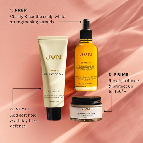 JVN Travel Essentials Hair Care Set - Air Dry Cream, Recovery Serum & Scalp Oil | Silicone-Free, Pack of 3
