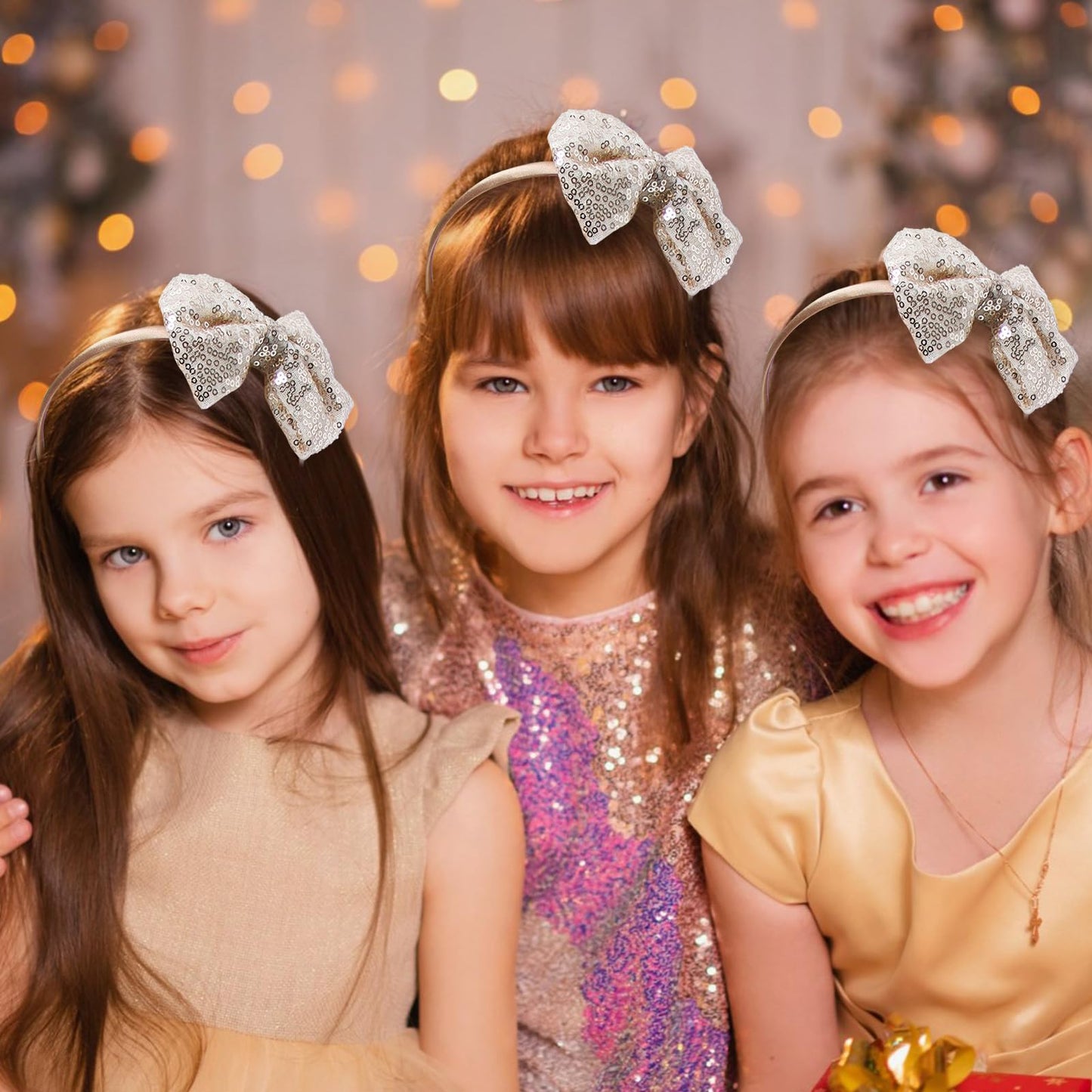 Kiszu Sparkly Sequin Hair Bow Headbands Fashion Glitter Cute Boutique Ribbon Bows for Girls, Kids, and Women (Gold)