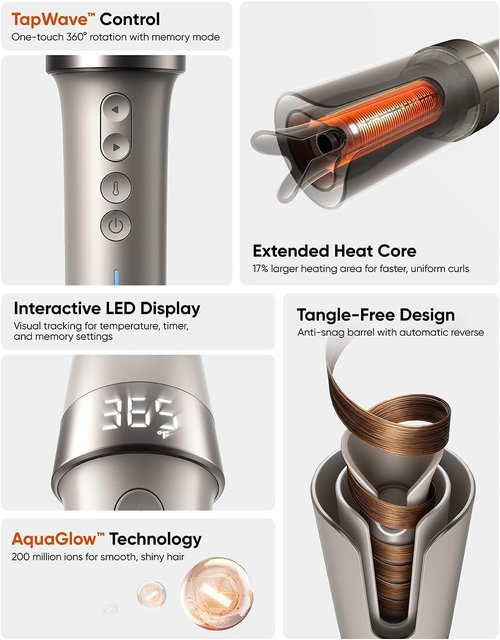Bluvol R10 Apex Cordless Curling Iron - 1-Inch Rotating Wand with Anti-Tangle & LED Features, Starlight Finish