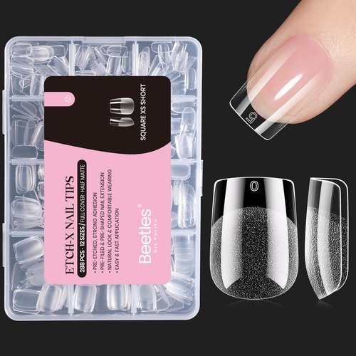 Beetles Gel Nail Tips 288Pcs Extra Short Square Etch-X Fake Nails Half Matte Press on Nail Tips Full Cover Nail Tips Gel Nail Polish Extensions Set Gifts for women