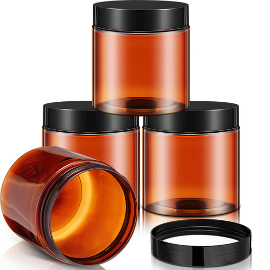 Patelai 4 Pieces Round Wide-mouth Leak Proof Plastic Container Jars with Lids for Travel Storage Makeup Beauty Products Face Creams Oils Salves Ointments DIY Making(8 Ounce,Amber)