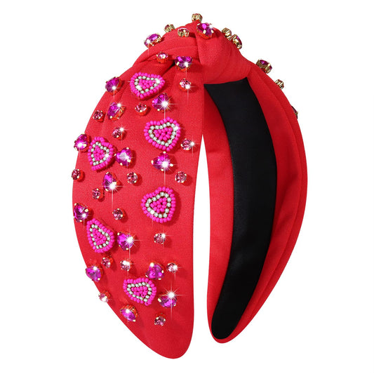 Valentine’s Day Heart Headbands for Women Valentine’s Day Accessories Jeweled Beaded Heart Knotted Headband Pink Red Rhinestone Wide Top Knot Headband Valentine Party Favors Gifts (Heart Headband 2)