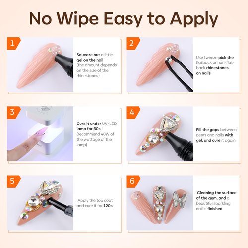 Modelones 4-in-1 Rhinestone Glue - Super Strong for Press On Nails, Gems, Charms & Rhinestones, No Wipe Nail Art Glue, 30g Cured Needed