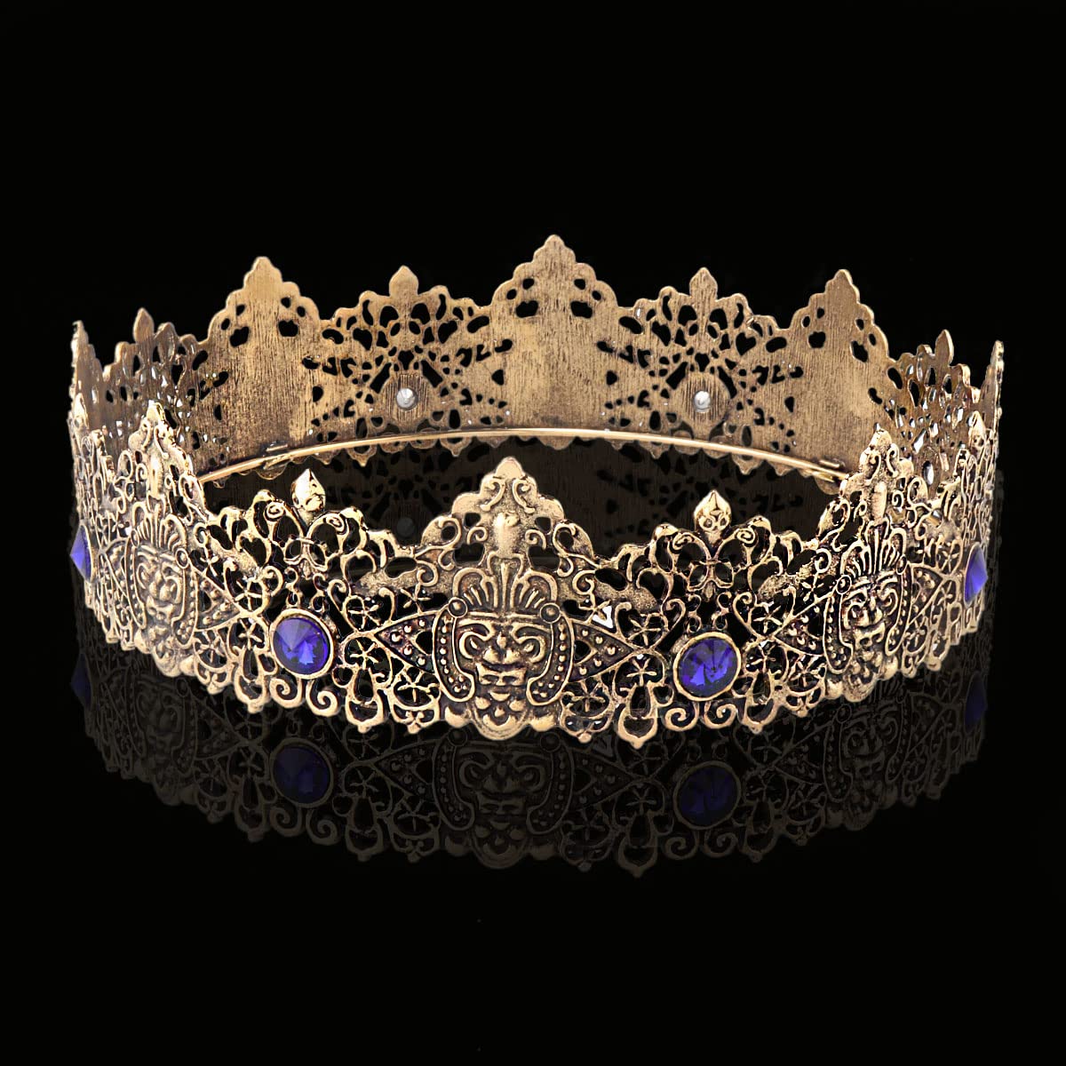 King Men Tiara Crown Imperial Medieval Headband Crystal Pageant Costumes For Birthday Party Prom Halloween Hair Accessories (Dark Gold With Blue Stone)