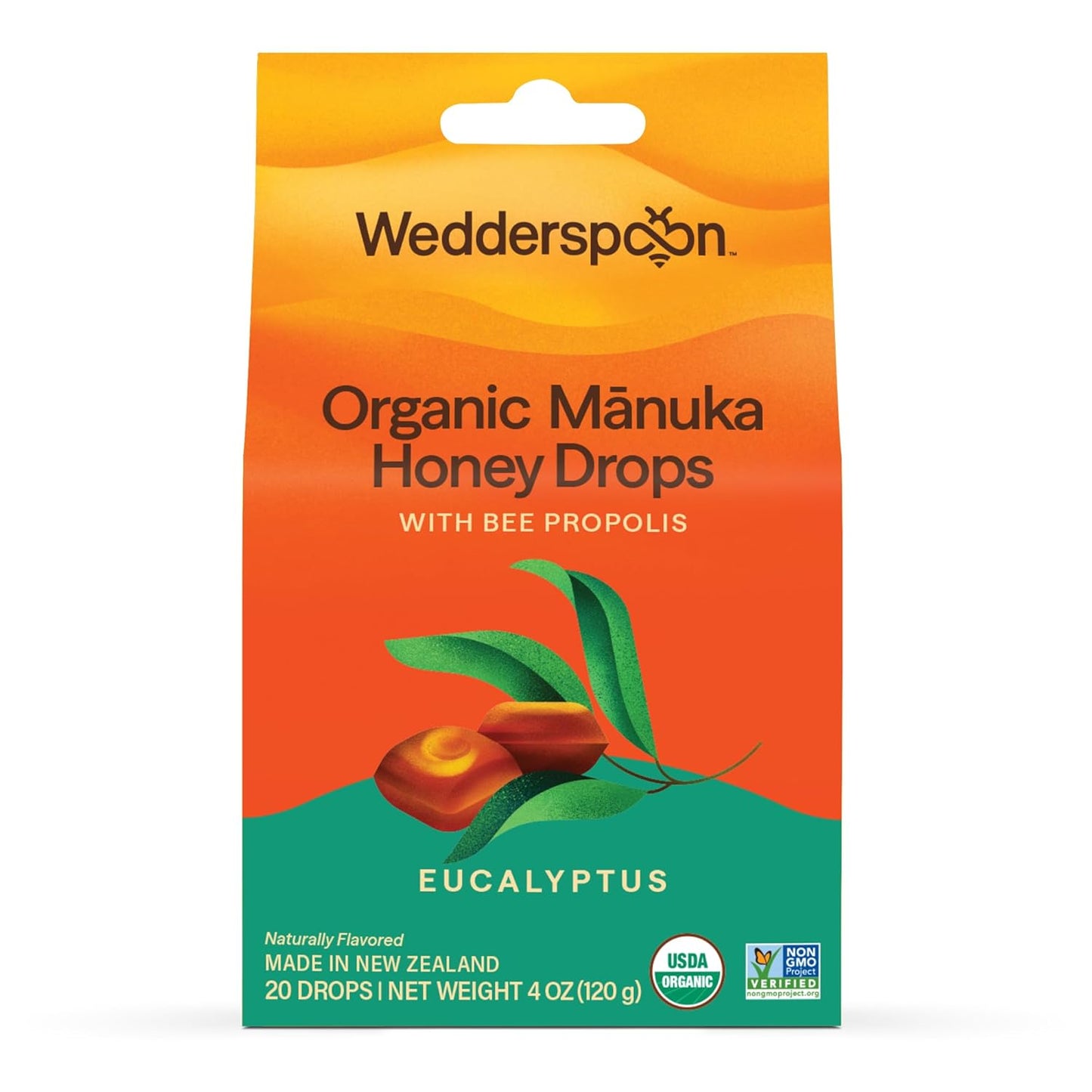 Wedderspoon Organic Manuka Honey Drops - Eucalyptus & Bee Propolis, 20 Count | USDA Organic Natural Remedy