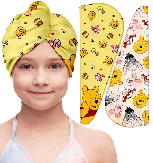 Akkya Microfiber Hair Towel Wrap for Kids Girls Women 2 Pack Drying Turban Towels for Wet Hair Quick Dry Head Wraps Cute Cartoon Bear Print