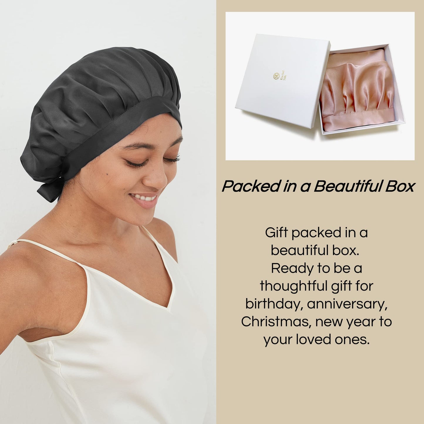RachelSilk 30 Momme Silk Sleeping Bonnet for Women Night Cap Hair Wrap with Ribbon for Hair Care (Black)