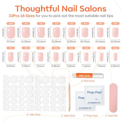 Modelones Pink Press-On Nails - Reusable Short Square Fake Nails with Glue & Mini File | 32 Pcs, 16 Sizes