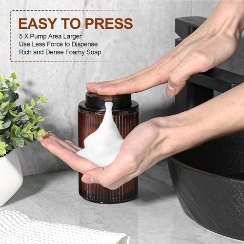 KASUNTING Foaming Soap Dispenser - Amber Glass Ribbed Pump Bottle | 11 Fl Oz Modern Bathroom Accessory