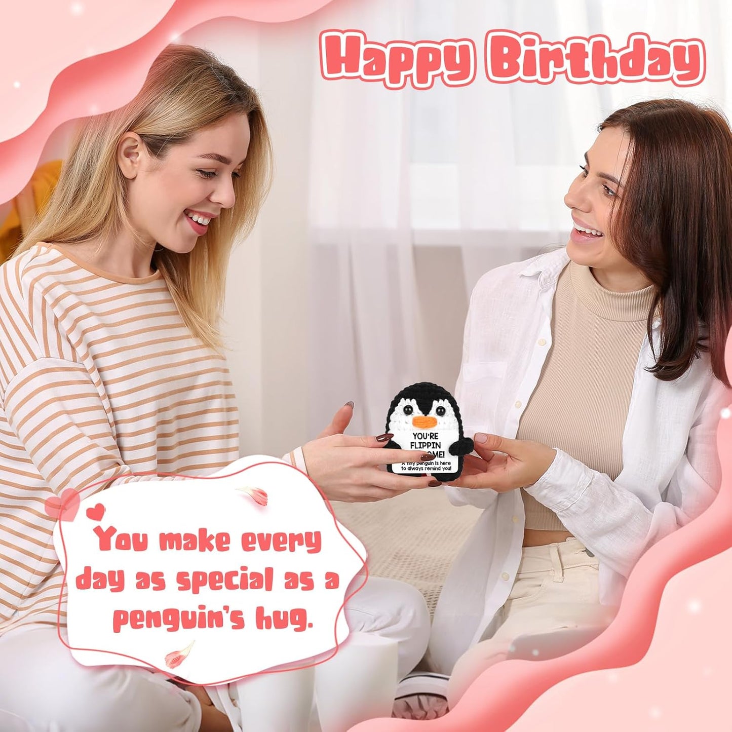 Positive Crochet Penguin, Mini Funny Brithday Galentines Valentines Gifts for Women Men Teens Boys Girls, Inspirational Appreciation Gifts for Coworker Friend Sister Her Him, Emotional Positive Decor