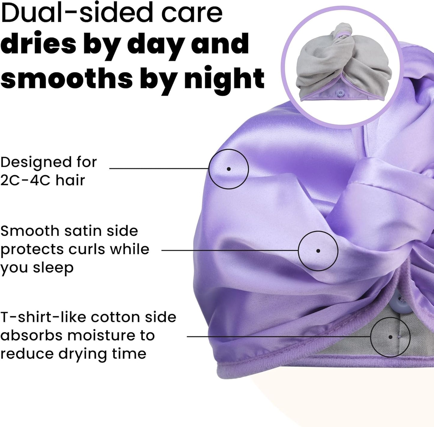 TANGLE TEEZER Double Sided Hair Towel Wrap with Smoothing Satin & Soft Cotton Jersey to Absorb Water & Minimize Frizz, for Curly Hair Types 2C-4C