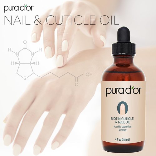PURA D'OR Nail and Cuticle Oil - Nourishing Biotin & Vitamin E Treatment - 4 Oz Dropper for Healthy Growth