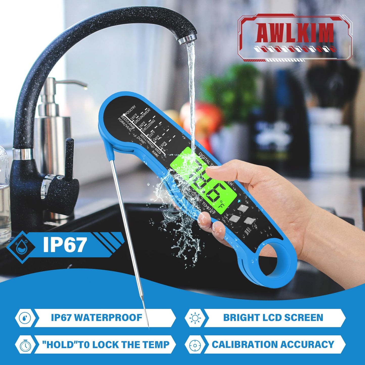 Fast Instant Read Meat Thermometer with Backlight - Waterproof Digital Food Probe for Grilling, Cooking, Baking & Candy Making - Kitchen & BBQ Essential(Black)