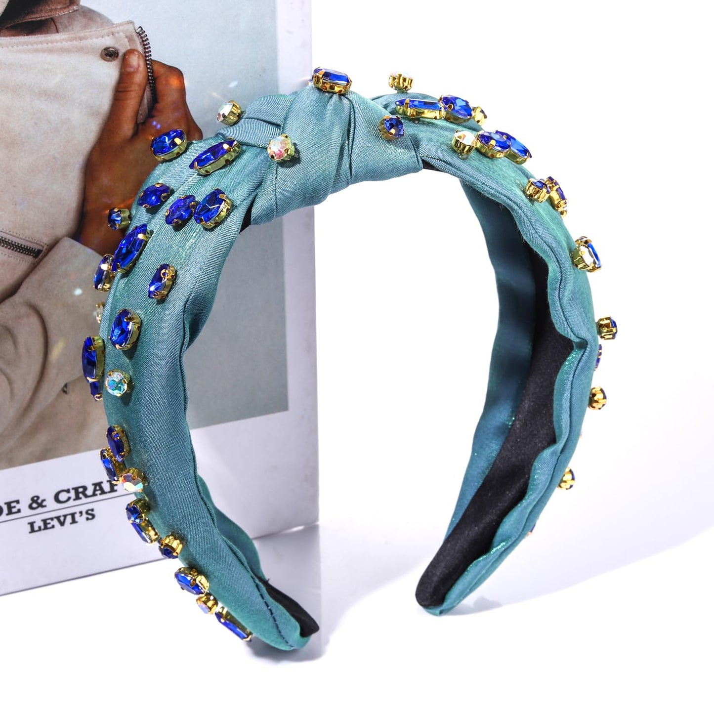 Crystal Velvet Headband Cross Knotted Turban Headdress Colorful rhinestone Statement Wide Hair Band Hoop Accessories For Women Girls (Blue B237)