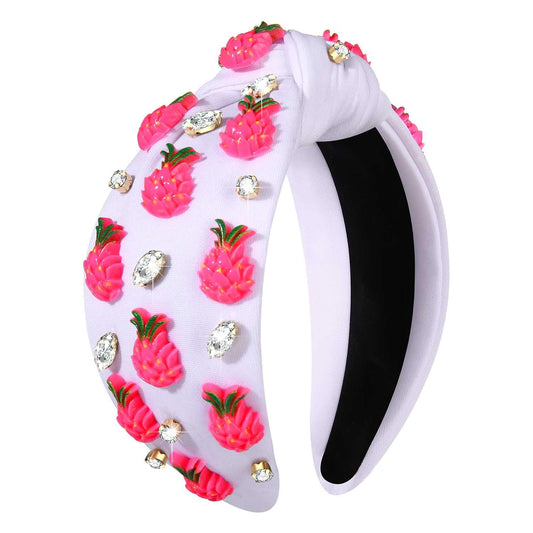 VOGUEKNOCK Fruit Headbands for Women Girls Tropical Dragon Fruit Knotted Headband Summer Beach Headwear Hair Accessories (Dragon fruit-White)