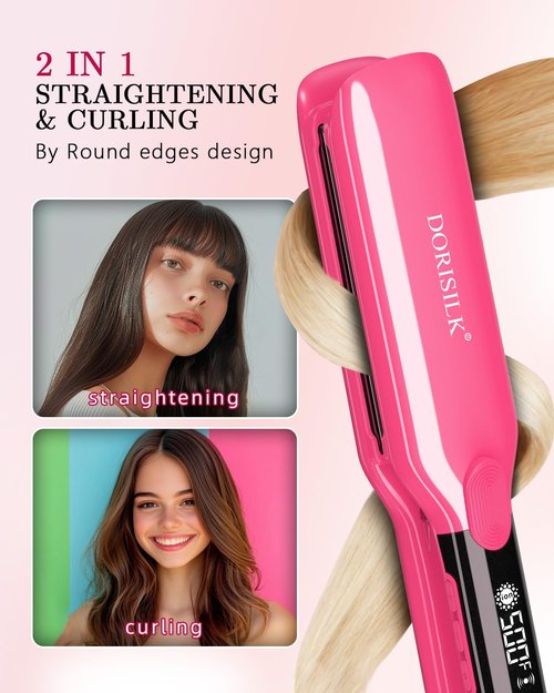 DORISILK 2-in-1 Hair Straightener & Curler - 1.75 Inch Ceramic Flat Iron for Frizz-Free Shine | Hot Pink