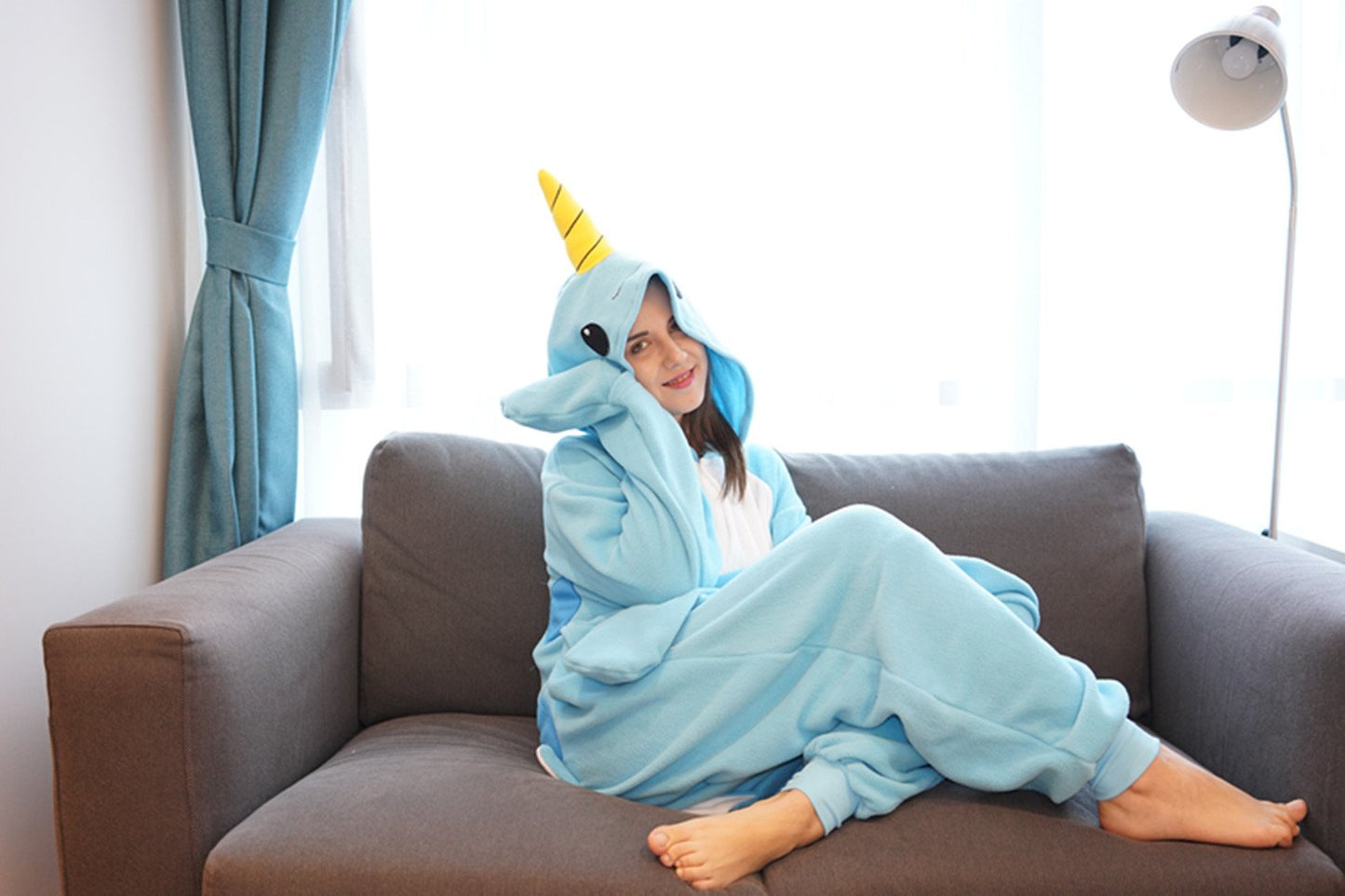 COCOPLAY W Adult Narwhal Onesie Animal Pajamas-Plush One Piece Halloween Cosplay Costume (Small, Blue)