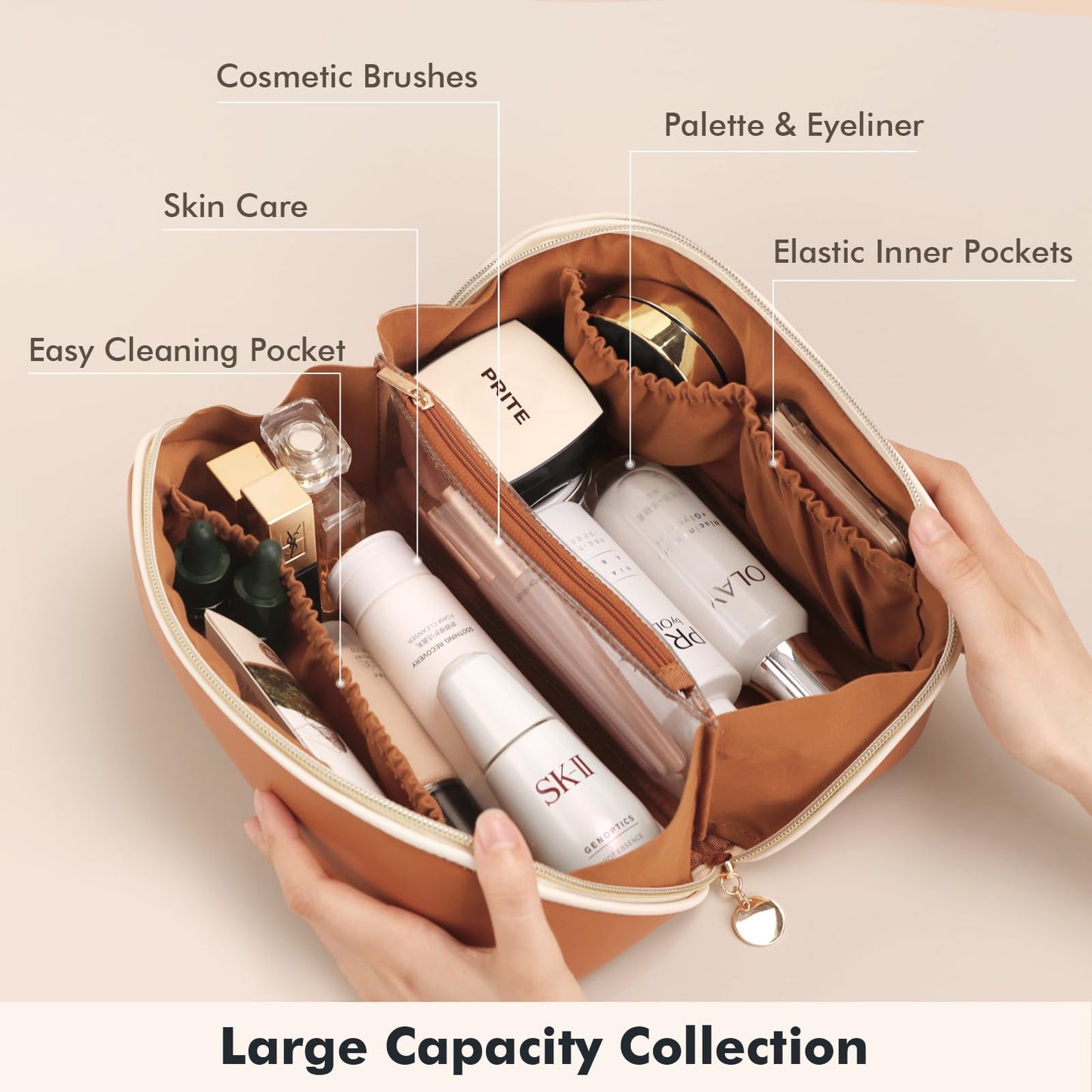 Prite Travel Cosmetic Bag Makeup Organizer Bag For Women Large Capacity Waterproof PU Leather Toiletry Bag with Jacquard Ribbon Handle and Clear Divider(New Brown)