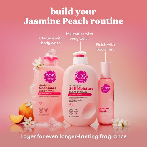 eos Shea Better Body Lotion Jasmine Peach, 24-Hour Moisture Skin Care, Lightweight & Non-Greasy, Natural Shea, Vegan, 16 fl oz