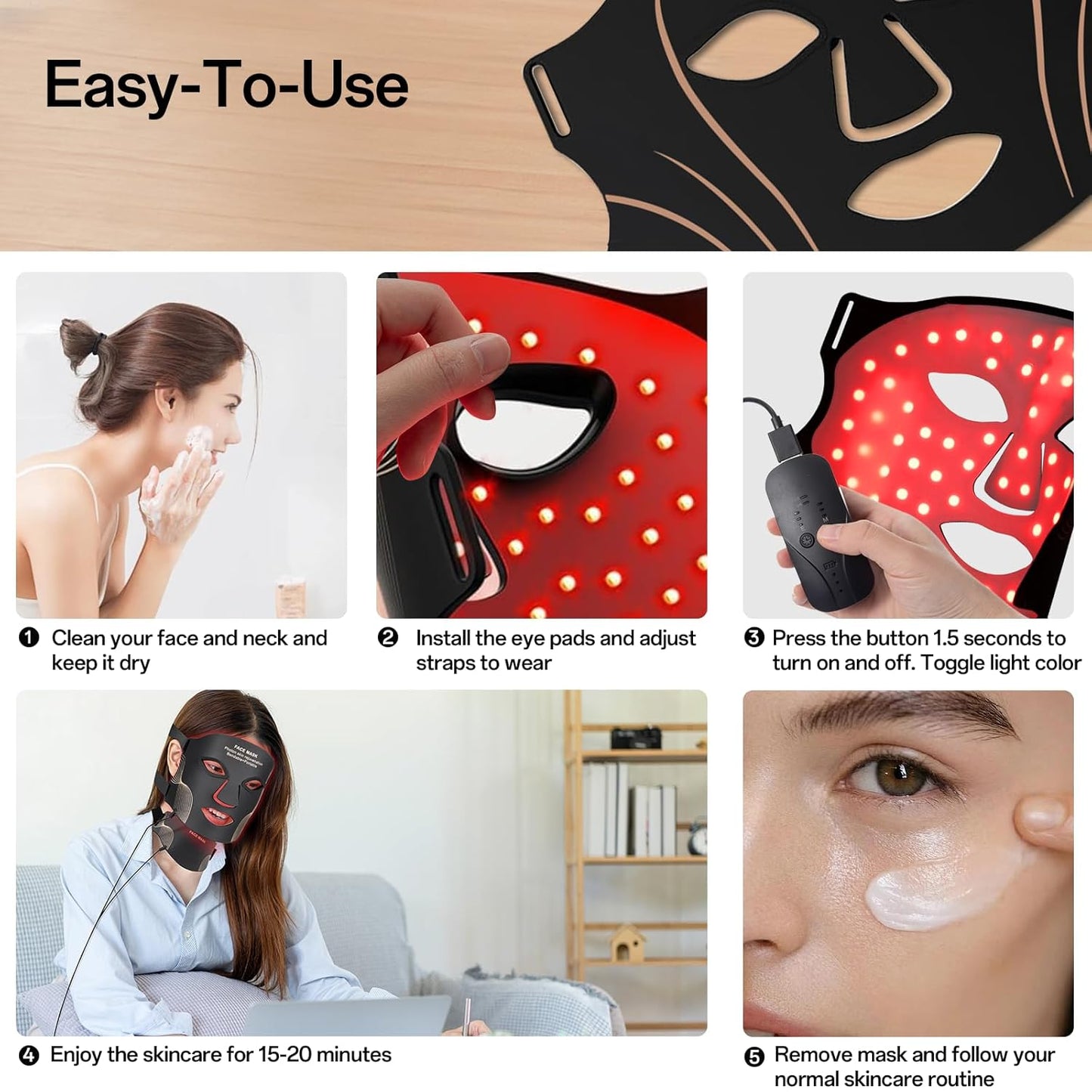 Facego Red Light Mask - Rechargeable Portable Face & Neck Treatment | 7 Color Options (Black)