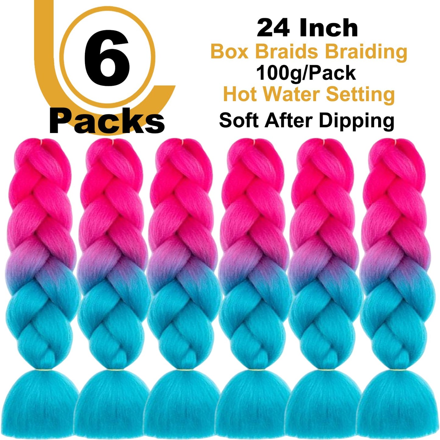 FYRLNA 6 Packs 24 Inch Jumbo Braiding Hair Soft High Temperature Resistance Synthetic Hair Extensions for Women 24 Inch Ombre Jumbo Braiding Hair Twist Crochet Braids Hair (24 Inch (Pack of 6), Pink to Lake Blue)