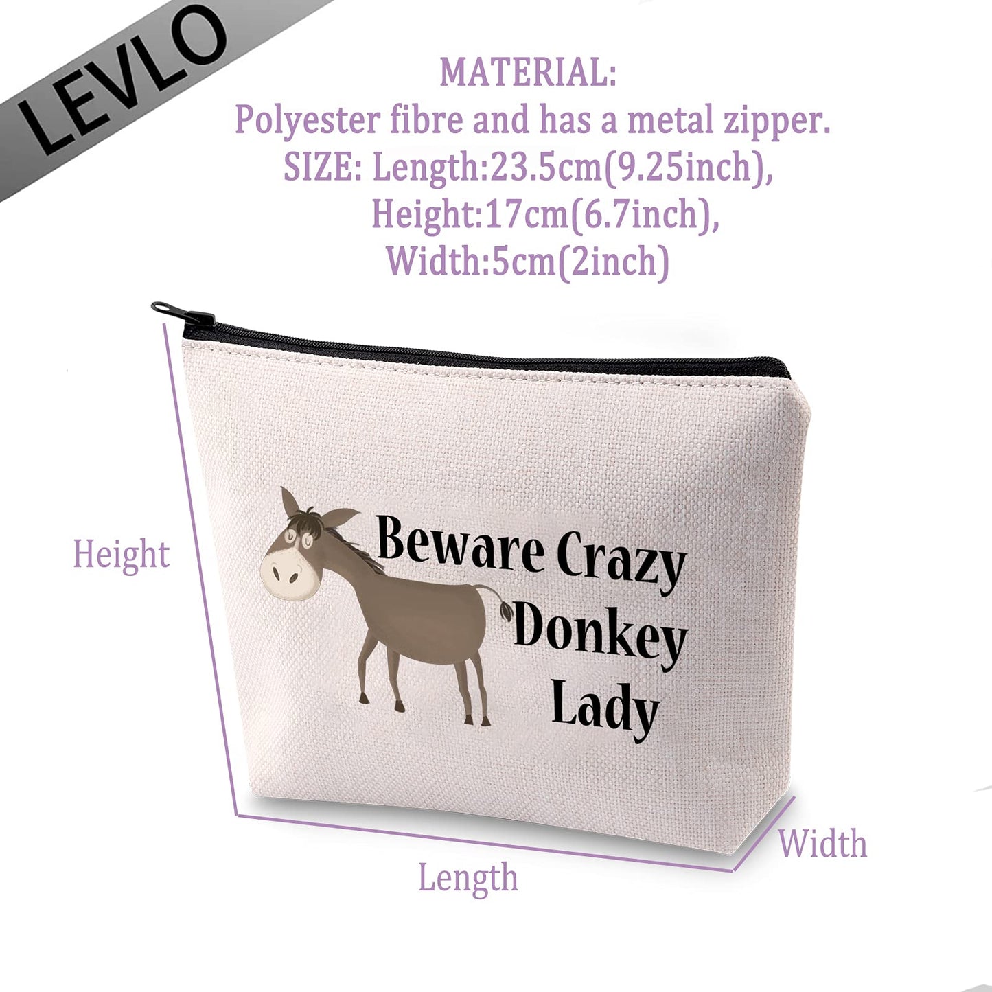 LEVLO Funny Donkey Lovers Gifts Beware Crazy Donkey Lady Makeup Bags Donkey Mom Cosmetic Gifts (Beware Crazy Donkey Lady)