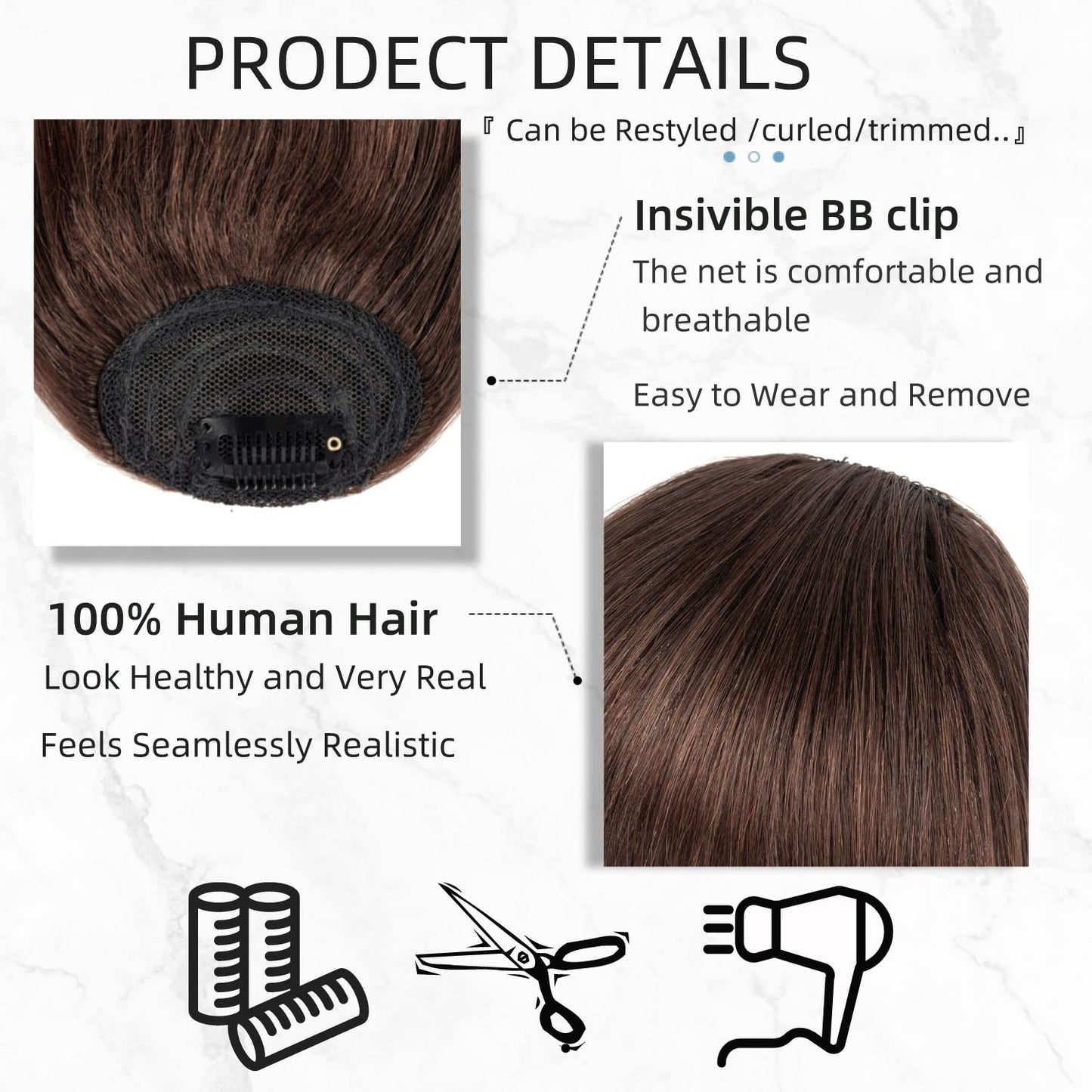 Clip in Bangs 100% Human Hair Bangs Clip in Hair Extensions Dark Brown Clip on Bangs French Bangs Fringe with Temples Hairpieces for Women Curved Bangs for Daily Wear (French Bangs, #Dark Brown)