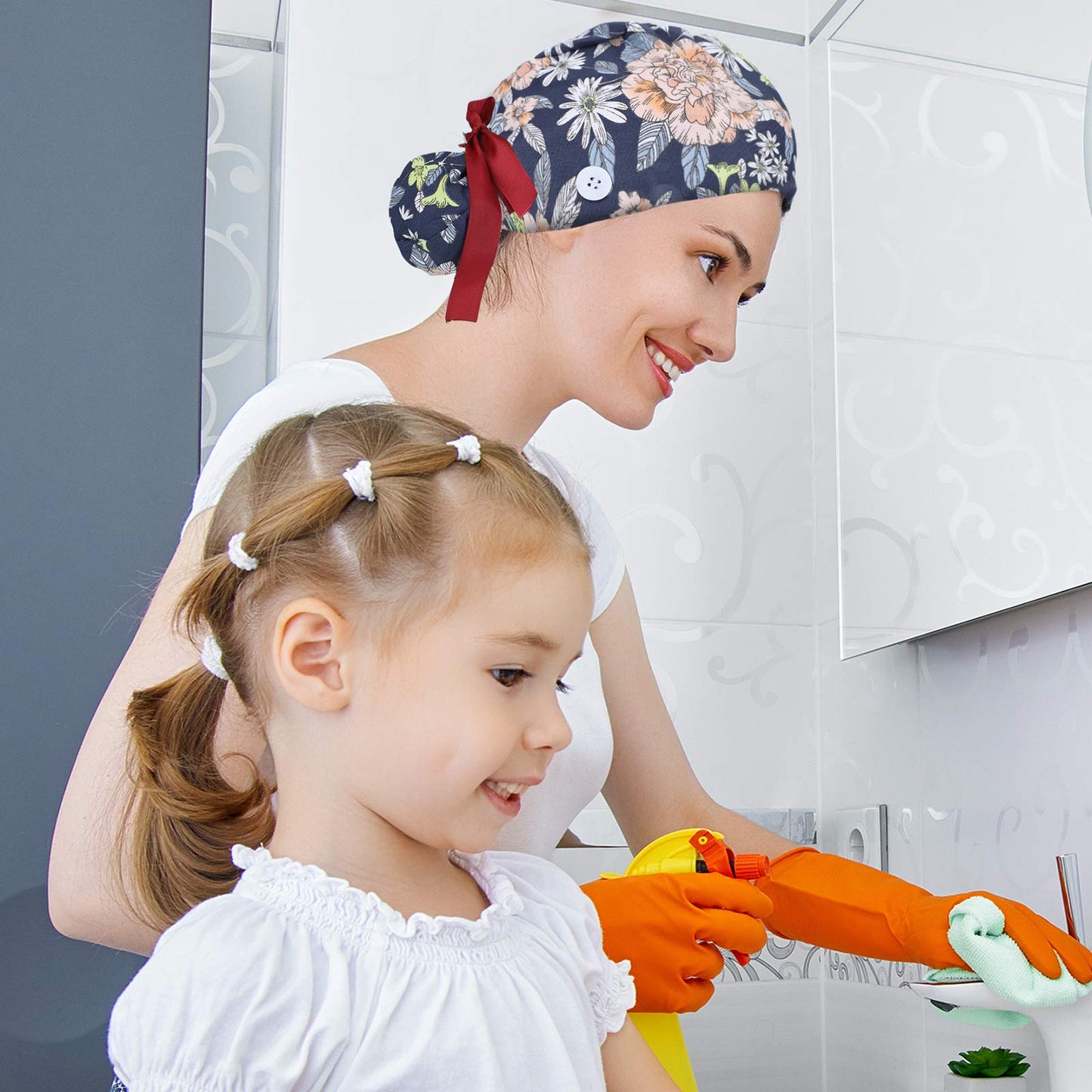 Honoson 6 Pcs Scrub Caps Women Nursing Hats with Buttons Adjustable Bouffant Nurse Hats Ponytail Holder Bouffant Turban(Retro Patterns) Multi-Color