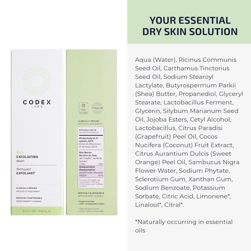 Codex Labs Bia Exfoliating Face Wash - Gentle Vegan Cleanser for Dry & Sensitive Skin | 3.4oz