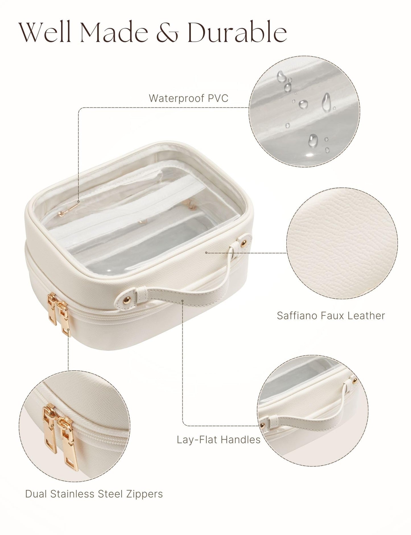 Oaque Clear Cosmetic Bag Double Layer Travel Toiletry Bag White Makeup Bag Case with 4 Compartments, Transparent Travel Bag for Toiletries, TSA Approved Toiletry Case for Women (White)