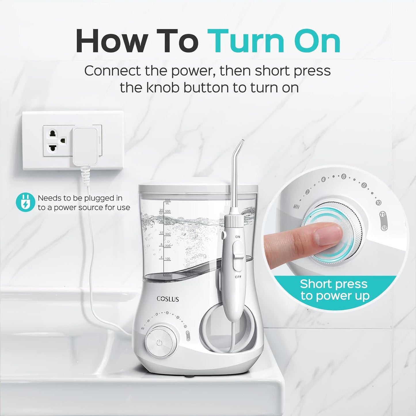 COSLUS E1 Electric Water Flosser - Professional Dental Pick for Orthodontics & Sensitive Gums | 12 Pressure Settings & 5 Tips, White