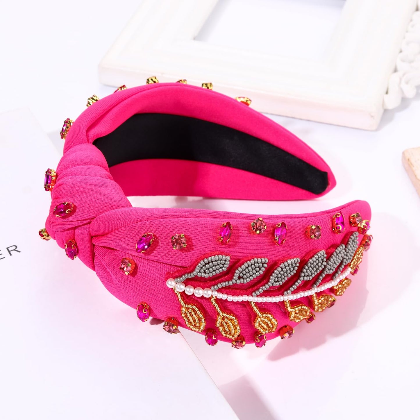 FAERLIIRY Beaded Xmas Headbands for Women - Embellished Crystal Knotted Wide Top Knot Holiday Hair Accessories (Christmas-Hot Pink)