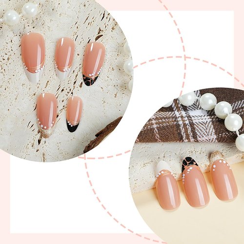 LOPMNGHT French Tip Press on Nails Almond Shaped Gold Glitter Powder Design Acrylic Nails Leopard French Stick on Nails Medium Charm Nails Press Ons Glossy Glue on Nails for Women 24Pcs Manicure Kit